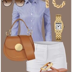 Striped Button-Down Shirt with White Shorts and Tan Leather Bag
